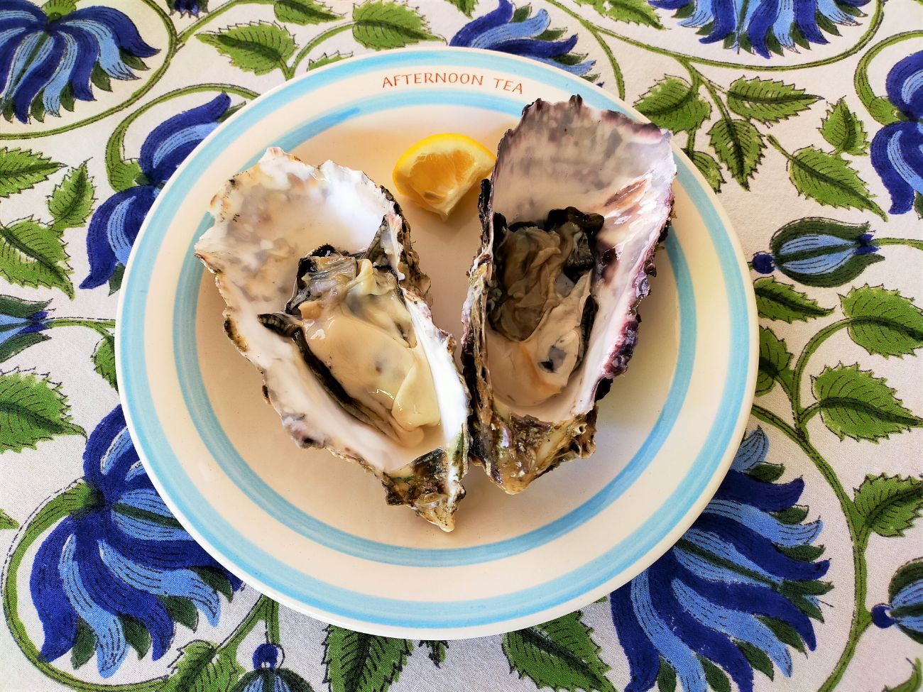 白と水色の縁取りの皿の上に殻付きの生牡蠣が2つとレモンのくし切りが添えられている写真