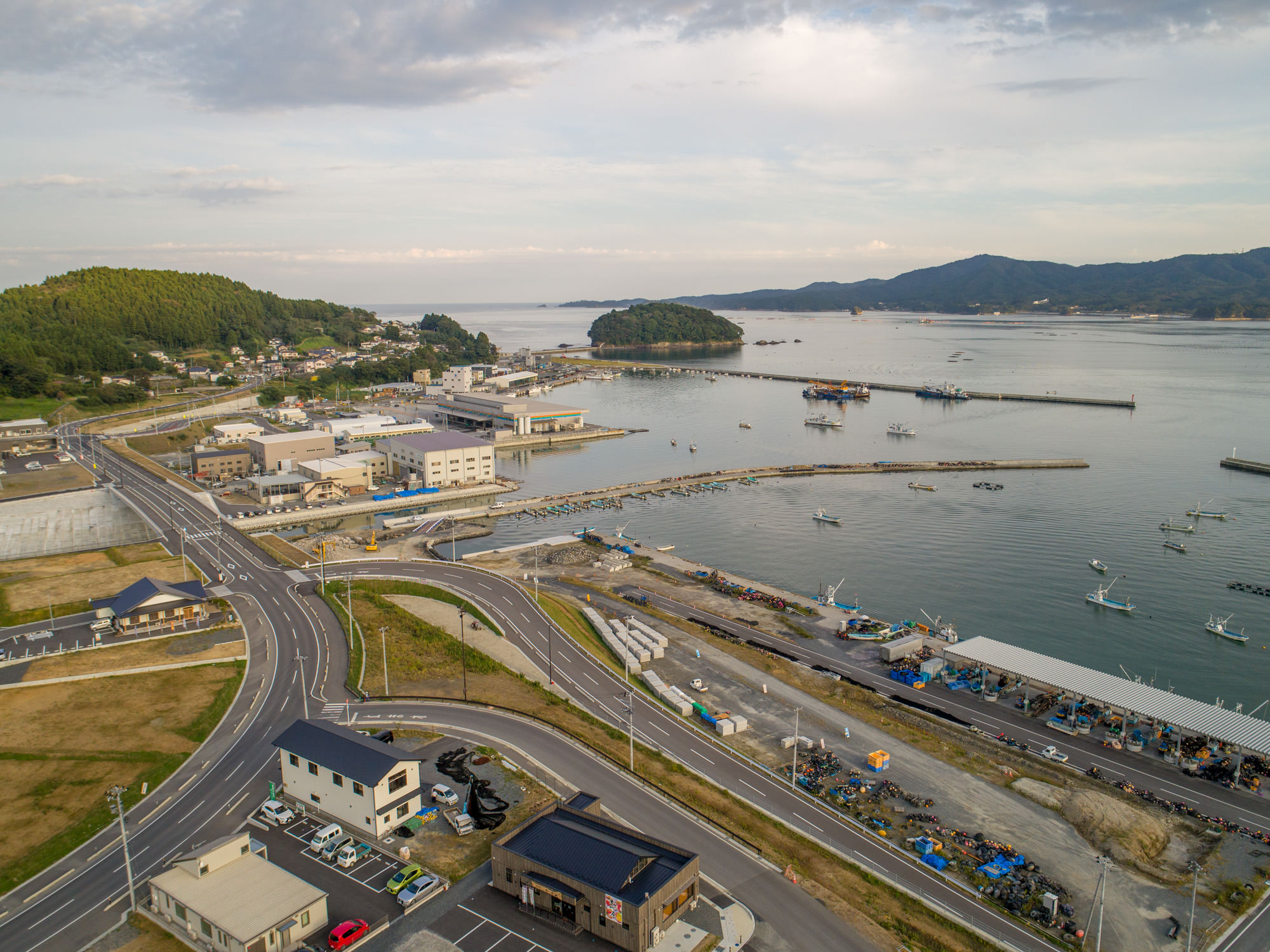 左下に住宅と道路が広がり、その奥に漁港施設や漁船が多数並び、背景には小さな岬と穏やかな湾が広がっている港の写真