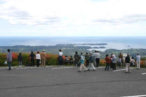 大勢の観光客が高台の場所のツツジが咲いている縁に沿って立ち並び、眼下に広がる緑豊かな陸地と、その先の青く広がる海を眺めている様子を後方から撮影した写真