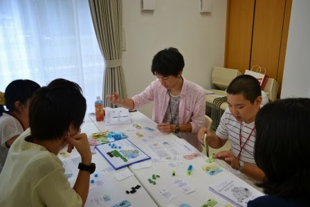 複数人の若者のグループが席に座り、資源循環型地域産業育成ゲームに真剣に取り組んでいる様子の写真