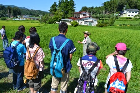 緑豊かな田んぼの前で、麦わら帽子をかぶった男性が学生たちに説明をしているフィールドワークの写真
