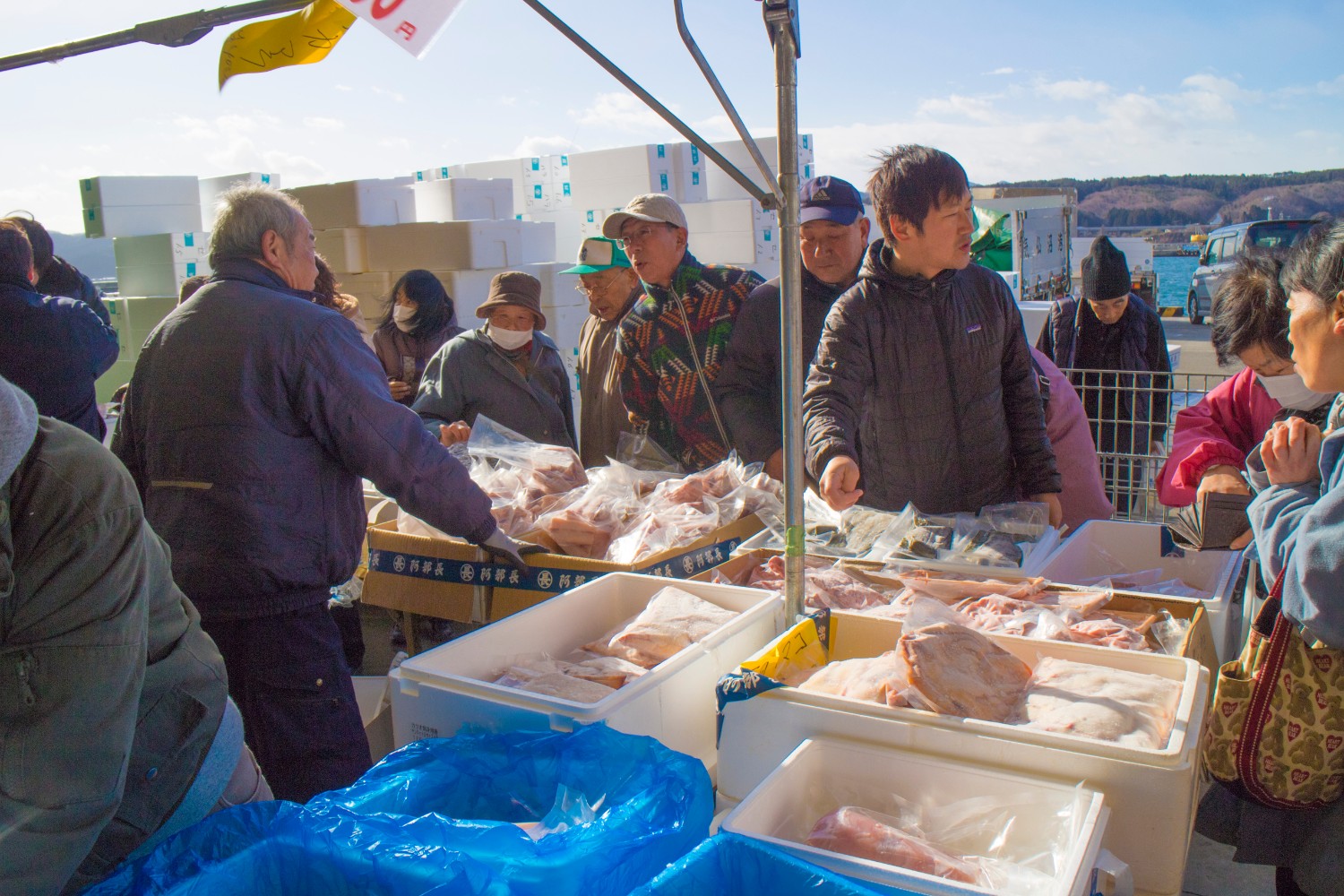 福興市の出店で、多くの買い物客が発泡スチロール容器に詰められた冷凍魚や海産物を見ながら店主と会話し購入を検討している様子を捉えた写真