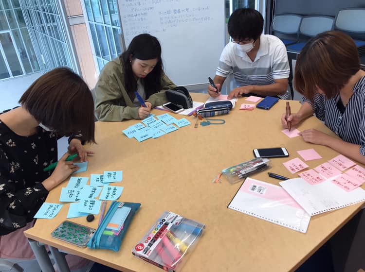 4人の若者が室内のテーブルを囲んで座り、それぞれが付箋に何かを書いている写真