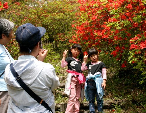 赤色のツツジの花が咲き乱れる豊かな自然の中で、二人の女の子がカメラに向かってピースサインをしている様子をカメラ撮影をしている保護者の背後から撮影した写真