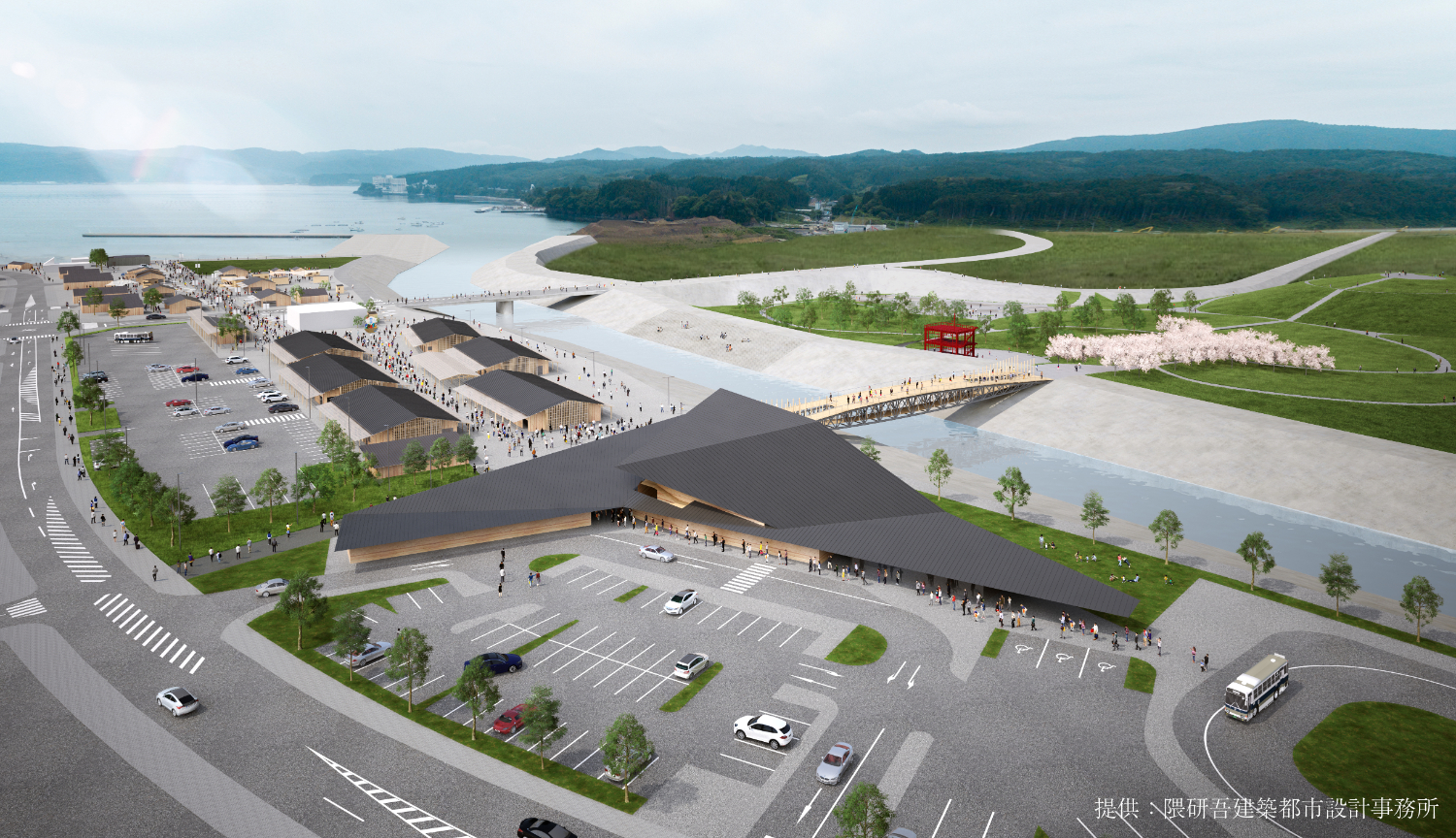 川沿いに建てられた多数の木造風建築物と駐車場が整備された観光施設「道の駅さんさん南三陸」の完成イメージ図