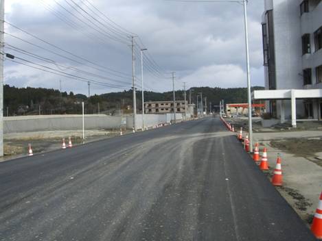 新しく舗装された道路の右側に交通コーンが設置され、道路の左脇には電柱が立ち並んでいる写真