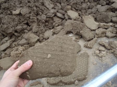 土のかたまりが多数積み上がっており、表面に機械の跡のような凹凸模様がついている固まった土の板状のかたまりを手でもって見せている写真