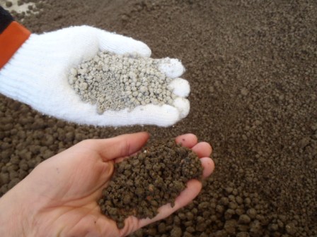 白い軍手をはめた手には灰色の小さな粒状の資材、素手の手には茶色くやや湿った粒状の資材が乗せられている写真