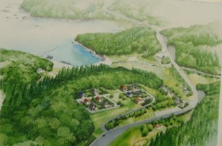 入り江に面した山あいに広がる緑豊かな高台の土地に整備された住宅地と道路が描かれた、将来の街並みの完成予想図