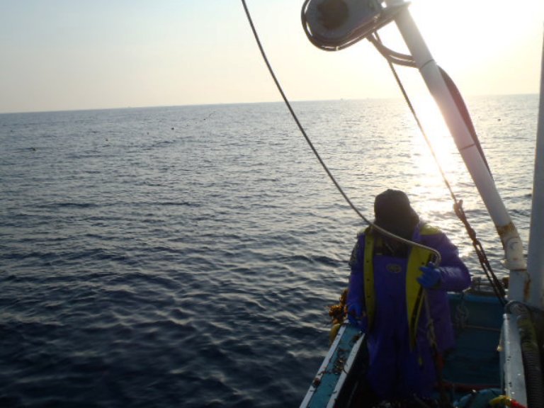 朝日が海面に反射した海の上で漁船の端に立つ男性が作業の準備をしている写真