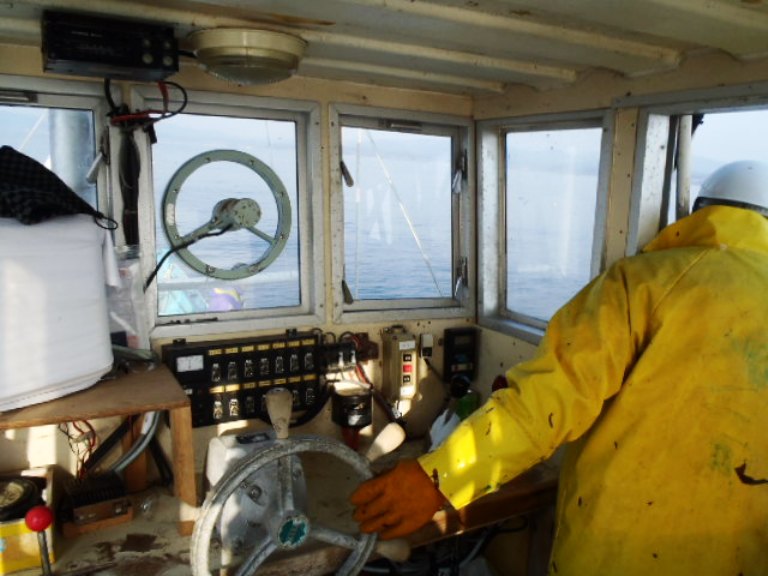 漁船の操縦室で、銀色の舵やスイッチ盤がある中、黄色い防水ジャケットを着た漁師が操縦し、正面の窓越しに海が広がっている出漁中の船内の写真