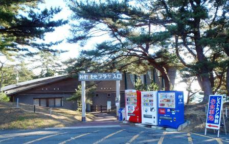 松の木に囲まれた場所に「神割崎 観光プラザ入口」と書かれた看板があり、後ろに建物が見えている写真