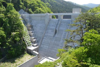 高い山に囲まれた場所に大きなコンクリート製の重力式ダムがあり、ダムの左側には魚道と思われる階段状の構造が設置されている様子を斜め上から見下ろす角度で写したダムの写真