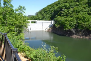緑に囲まれた山の中に静かに水をたたえるダム湖と、その奥に白いコンクリート製のダム本体が見え、湖面が穏やかで空が青く晴れている様子を写したダム湖の写真