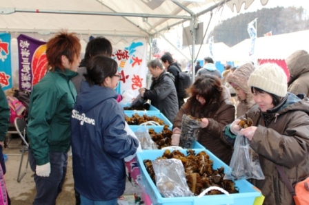 屋根付きのテントの下で大きな水色の容器に入ったわかめや海藻を、客が自分で袋詰めして購入している様子を写した写真
