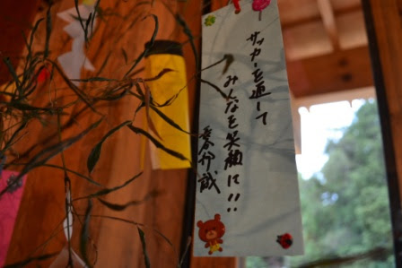 「サッカーを通してみんなを笑顔に！！」と手書きで願い事が書かれた短冊が、笹の葉とともに吊るされている写真