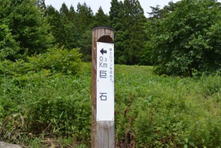 緑豊かな木々と草木に囲まれた場所に、左方向を指す矢印と「0.3キロメートル巨石」と書かれた白い案内板が木製の柱に取り付けられている、自然の中の道案内の写真