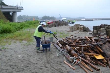 一輪車で集めた流木を海岸の集積所に下ろしている作業員の姿と、集積所に積まれた流木や海岸沿いの風景が写っている写真