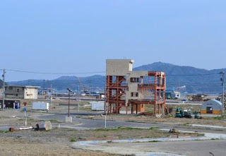 青空の下、背景に山が見え、建物が点在し空き地が広がる場所に残っている、赤い鉄骨がむき出しになった被災した建造物の写真