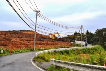 電柱に沿って電線が上空を通るカーブした舗装道路の脇の斜面でショベルカーが2台、作業をしている写真
