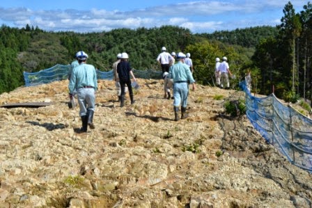 岩がむき出しになった発掘現場の上をヘルメットを着けた関係者が歩いている調査現場の視察中の写真