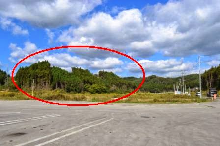 手前にある広い舗装された駐車場の先にある山林の左側の部分が赤い楕円で囲まれた写真