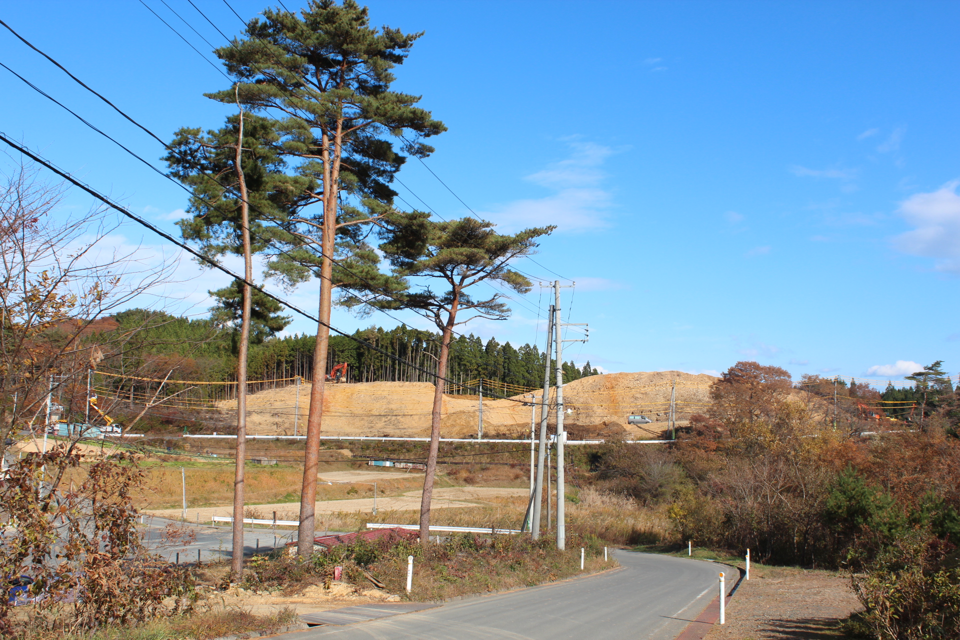 丘の上を造成している最中の現場で、重機が作業しており、手前には大きな松の木と電線が張り巡らされた初期の造成地の写真