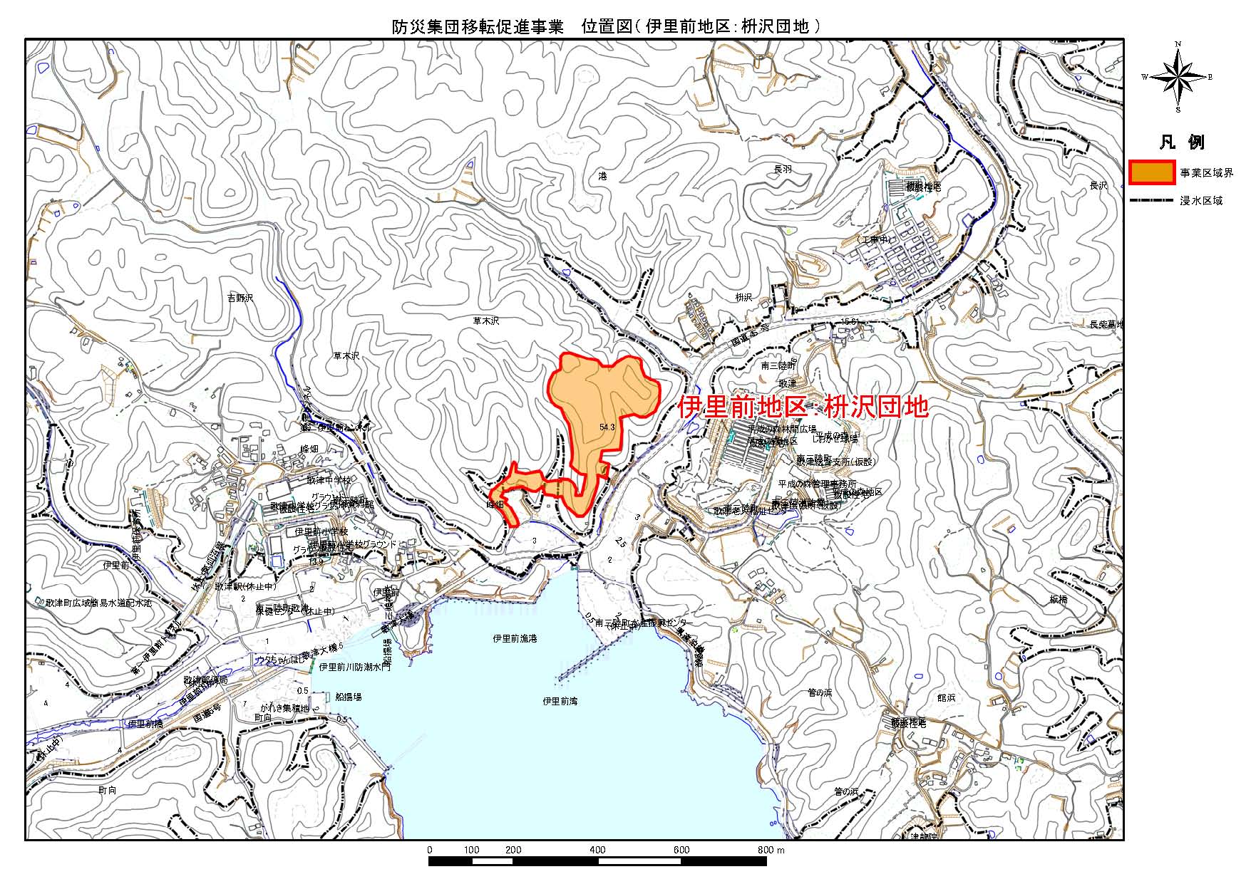 地形図に示されている伊里前地区 枡沢団地の防災集団移転促進事業の位置図