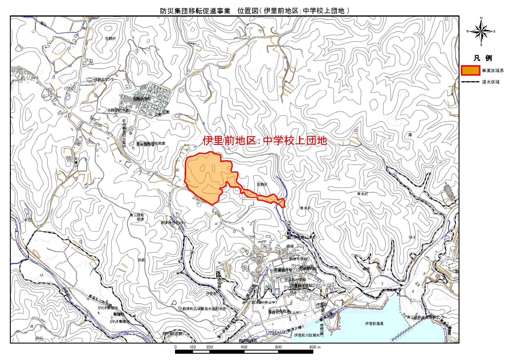 地形図に示されている伊里前地区 中学校上団地の防災集団移転促進事業の位置図