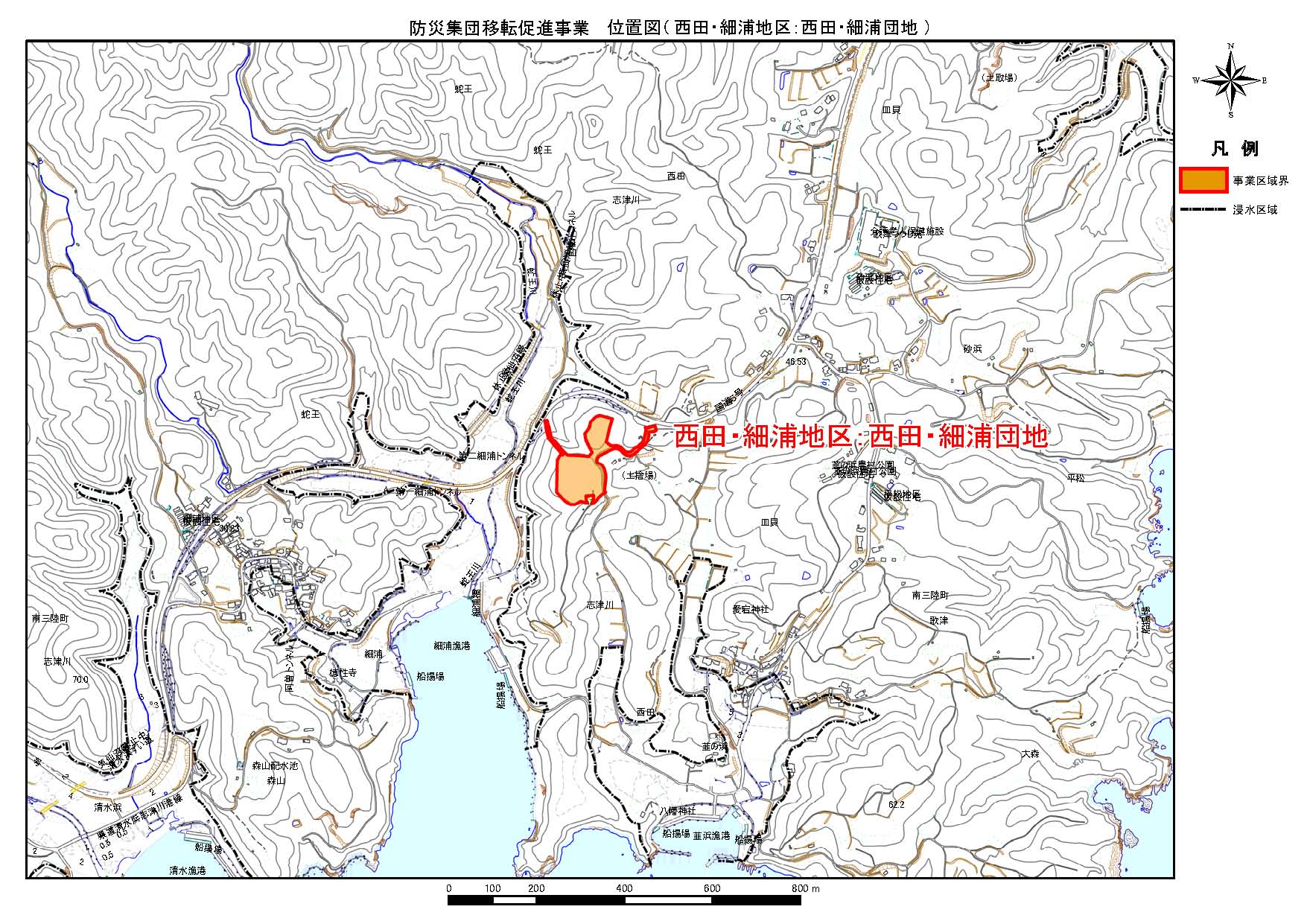 地形図に示されている志津川 西田・細浦地区 西田・細浦団地の防災集団移転促進事業の位置図