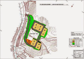 等高線が描かれた地図に造成予定の区画が色分けされて表示され、道路や緑地、住宅用地が整理されている土地利用計画図