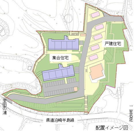 土地利用計画図が示されている災害公営名足住宅の平面図