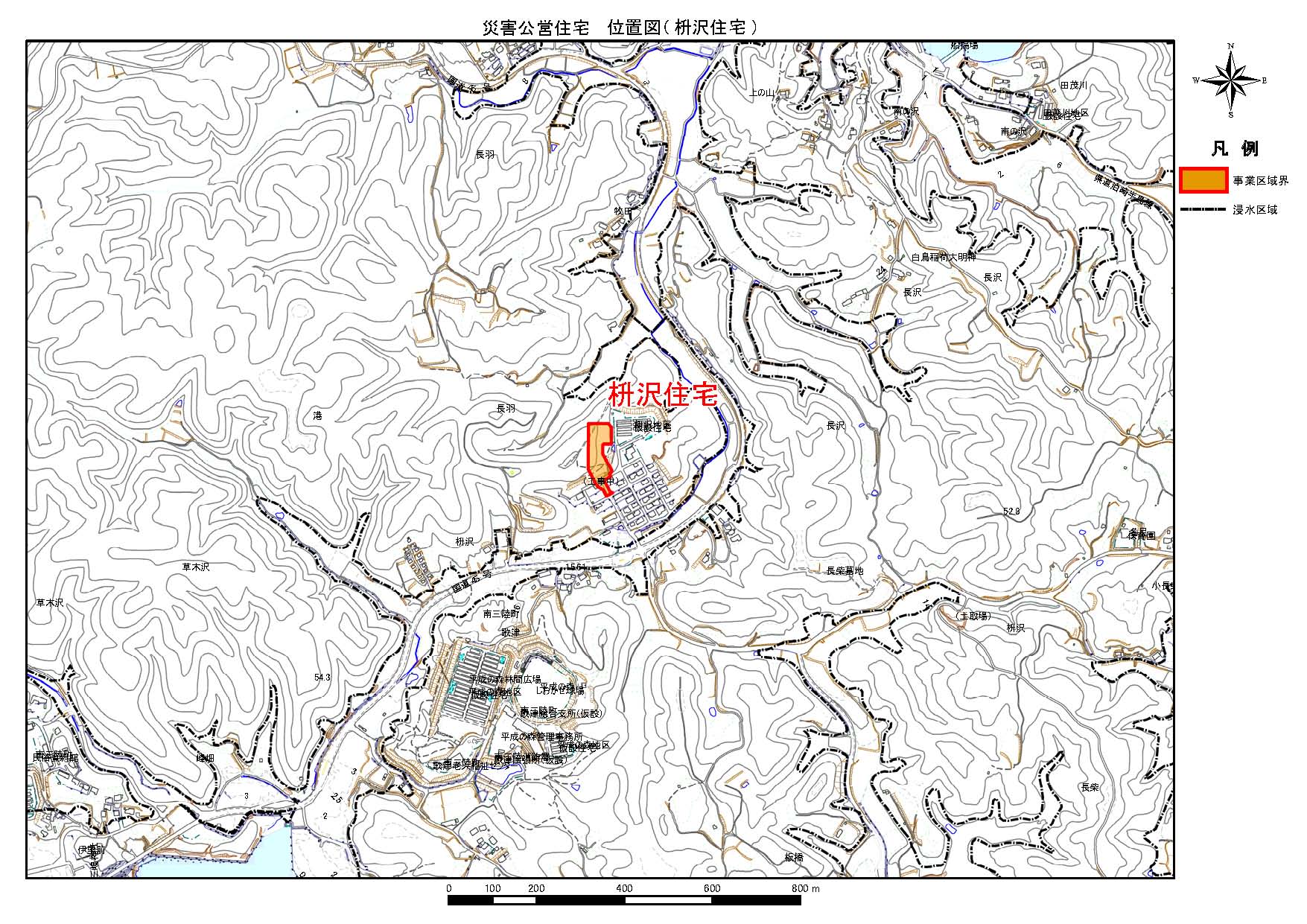 地形図に示されている枡沢住宅の災害公営住宅位置図