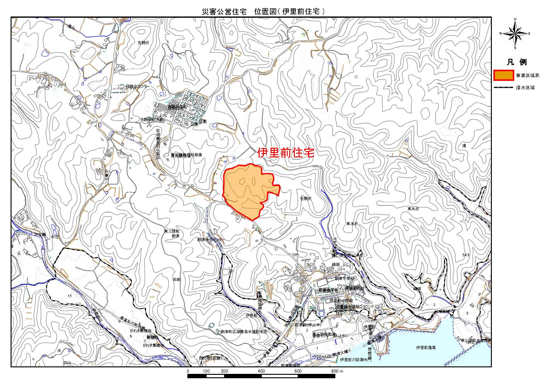 地形図に示されている伊里前住宅の災害公営住宅の位置図