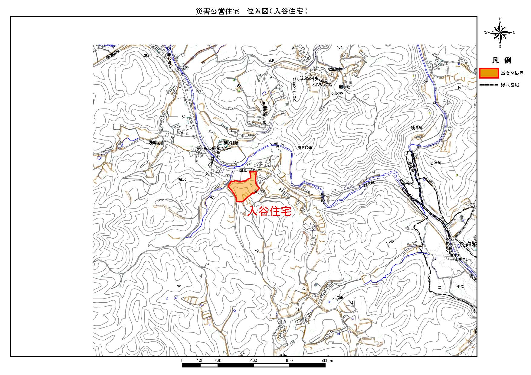 地形図に示されている災害公営入谷住宅の位置図