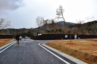 舗装された広い道路が中央にまっすぐ伸びており、その両側には緑の芝生が広がっていて、数人の人々が散策している様子の写真