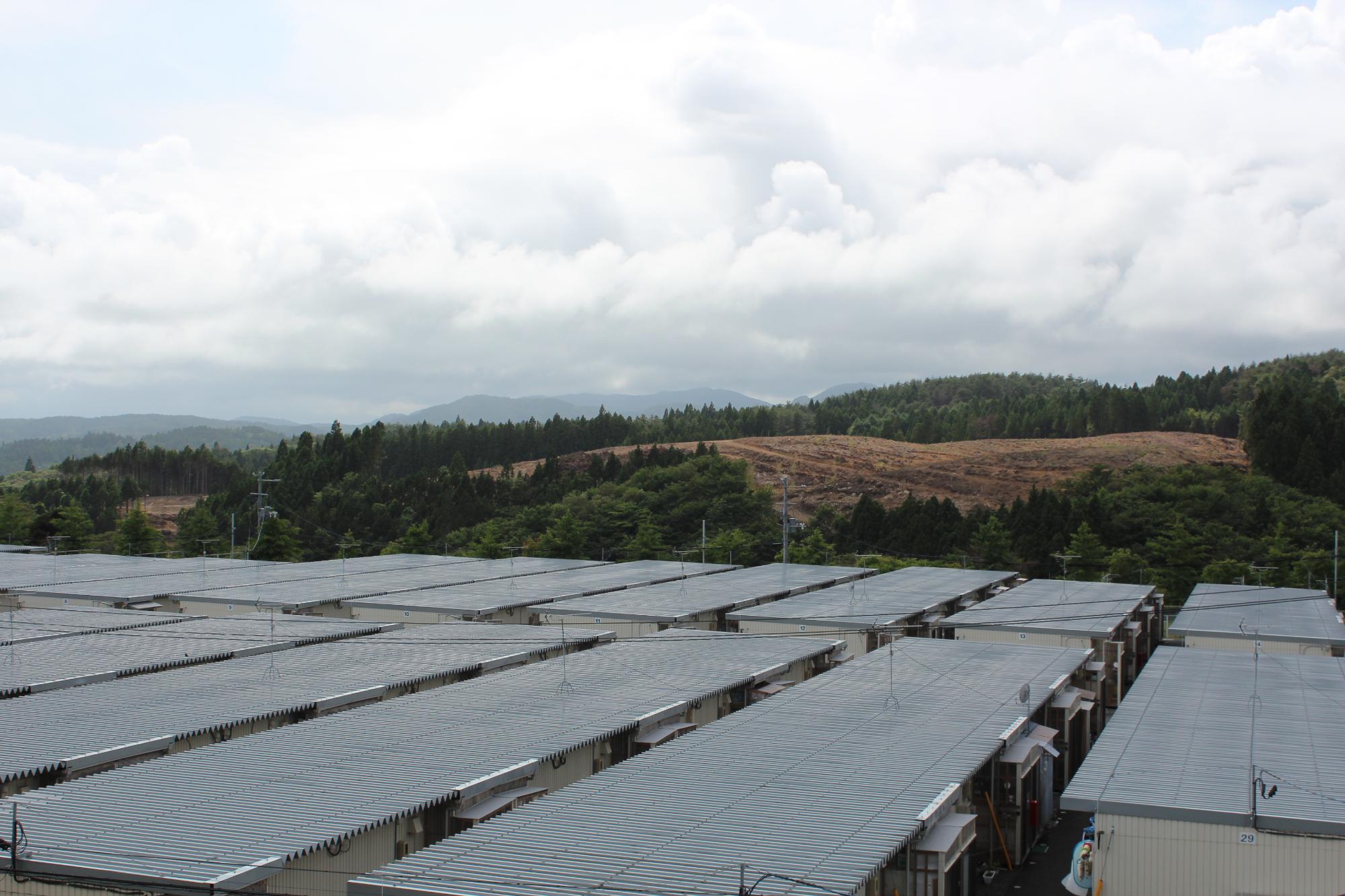 曇り空の下で、山の斜面で木が伐採される途中の様子と、それを見下ろす仮設住宅群の写真