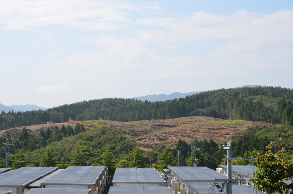 伐採された山に再び緑が芽吹き始め、夏の陽射しが降り注ぐ中で仮設住宅が整然と並ぶ写真