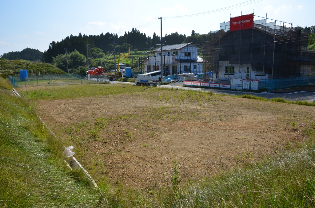 手前の空き地の奥で複数の新築住宅が建設中で、草地と住宅が広がる開発地域の写真