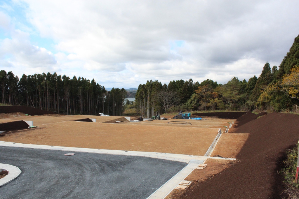 整地された広い土地の手前に舗装道路があり、奥に造成区画と森林が見える完成間近の宅地造成地の写真