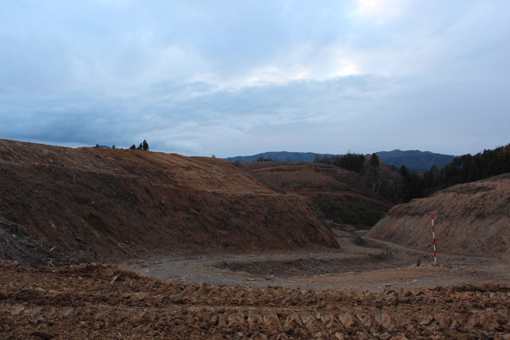 地面にキャタピラー痕が見える起伏のある造成地の中央付近に1本の赤白棒が立っている写真