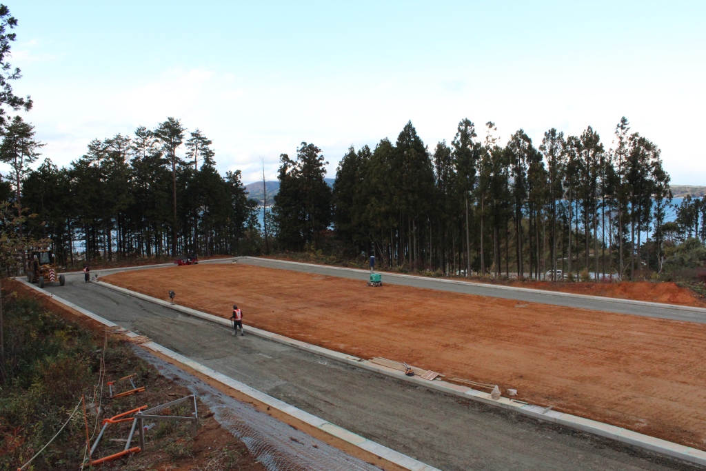 木々と海を背景に、整地された広い土地で作業員が歩いている造成地の写真