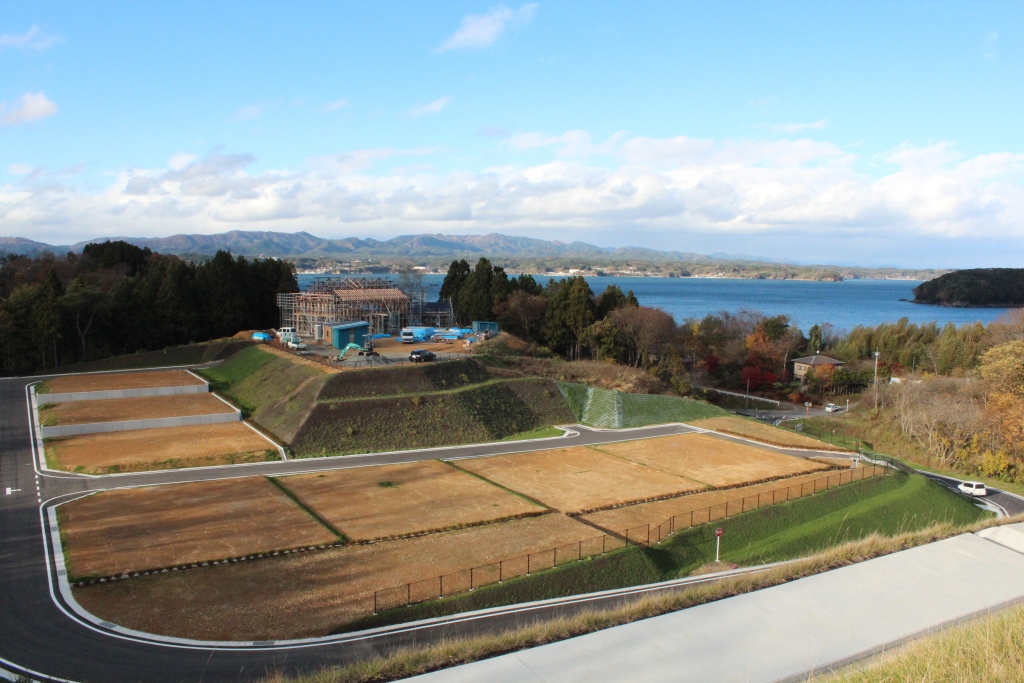 整備された宅地の区画と建設中の家屋があり、背景には海と山が広がる風景が見える写真