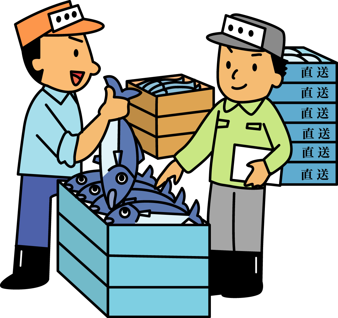 オレンジ色の帽子をかぶった男性が魚を手に持っており、グレーの帽子をかぶった男性が書類を持ち魚を指差しているイラスト（水産関連のページへリンク）