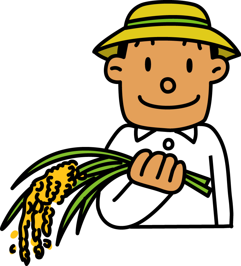 黄色い帽子をかぶった男性が右手に稲を持っているイラスト（農業基盤（ほ場整備）のページへリンク）