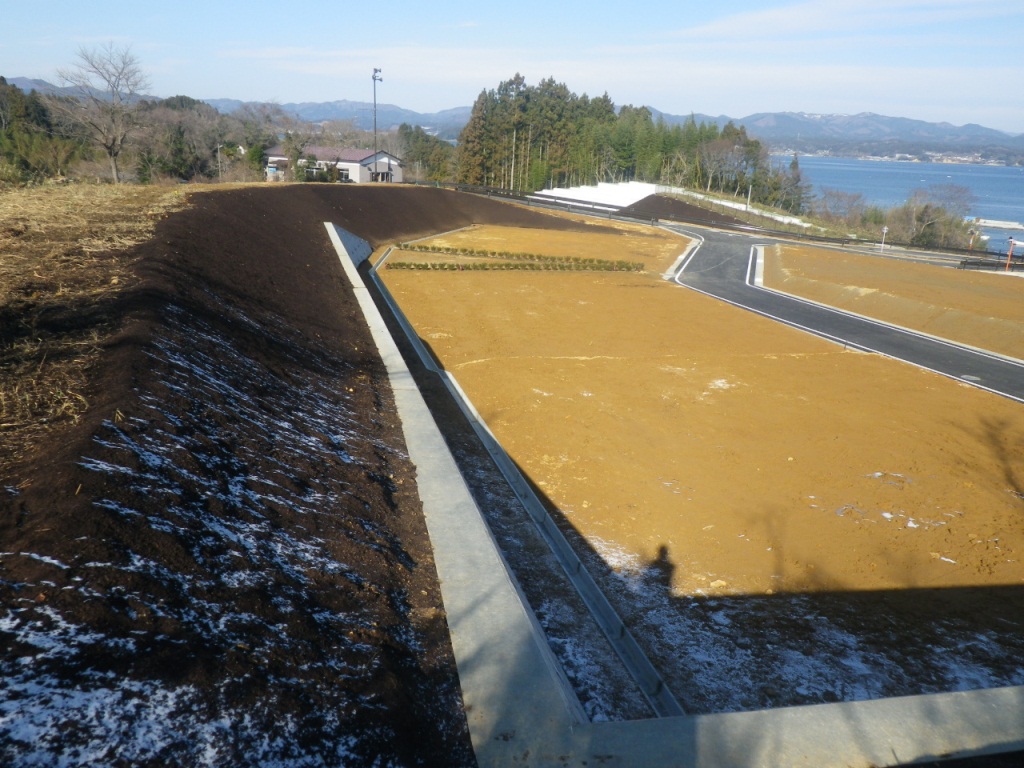 整地された広大な造成地に舗装された道路が整然と敷かれ、周囲の法面には黒土が盛られ一部にうっすらと雪が残る冬の晴れた日を写した写真