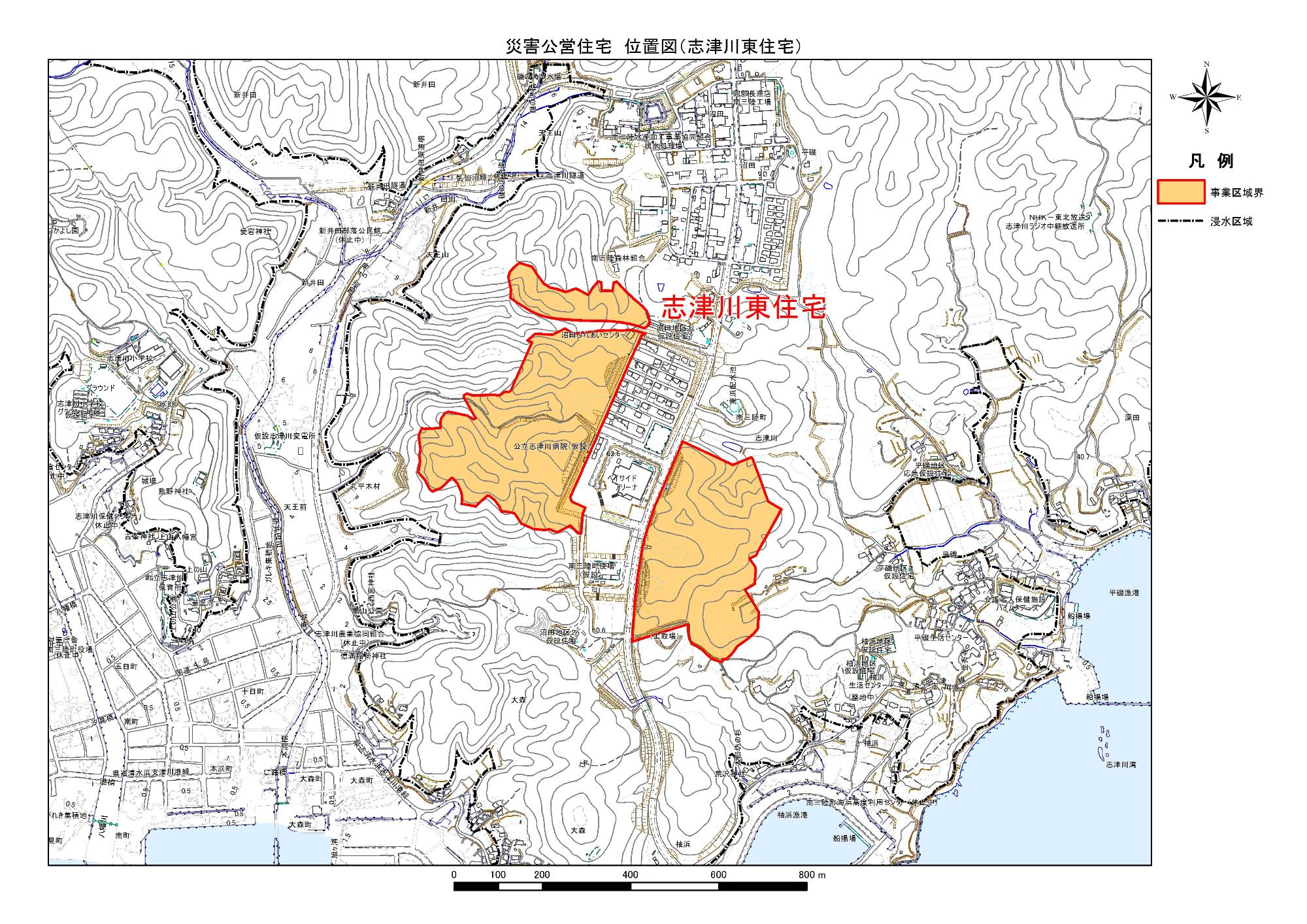 地形図に示されている志津川東住宅の防災集団移転促進事業の位置図