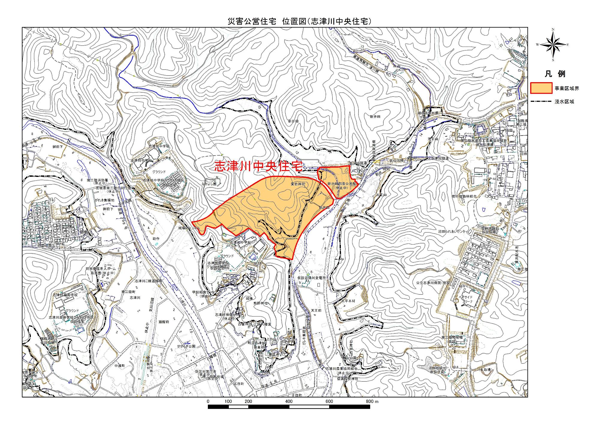 地形図に示されている志津川中央住宅の災害公営住宅の位置図