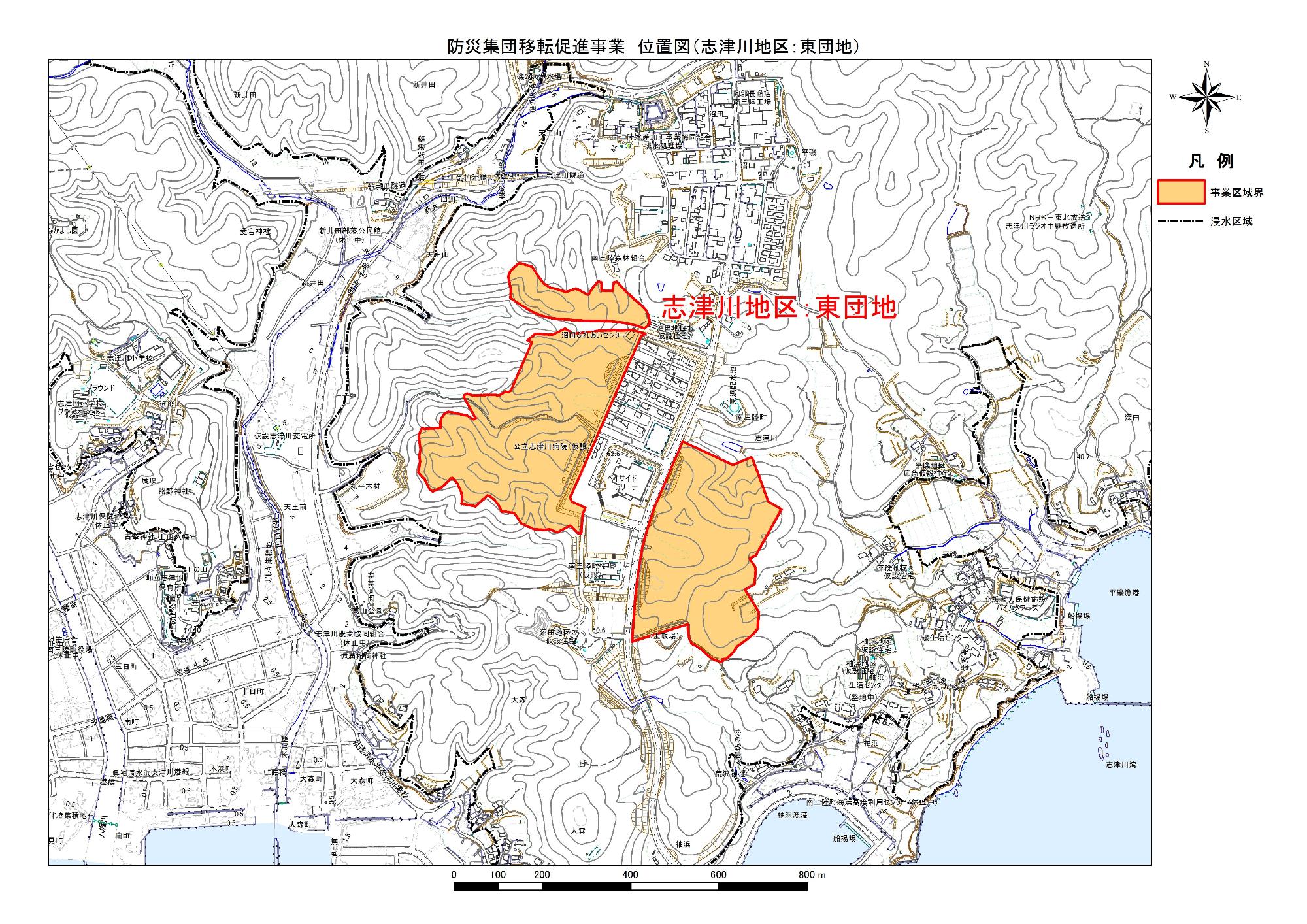 地形図に示されている志津川地区 東団地の防災集団移転促進事業の位置図