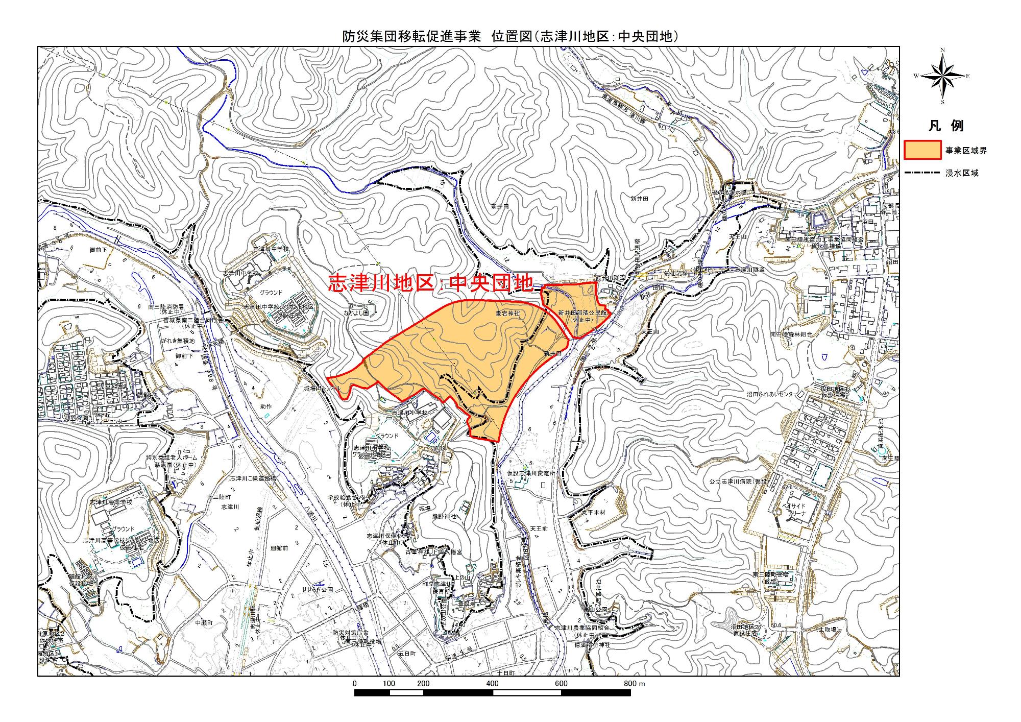 地形図に示されている志津川地区 中央団地の防災集団移転促進事業の位置図